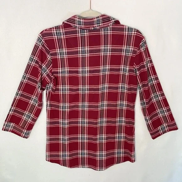 Market & Spruce Perrina Button Down Knit Top 3/4 Burgundy Plaid Women Size Small - Picture 7 of 11